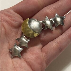 Sterling Silver 925 Mexico Gold-Tone Moon & Star Brooch
